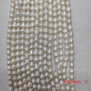 9-10mm white rice-shaped freshwater pearl strand, C Quality, 16 inches