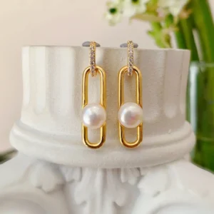 AAA Quality 7-8mm white freshwater pearl earring, 18K Gold