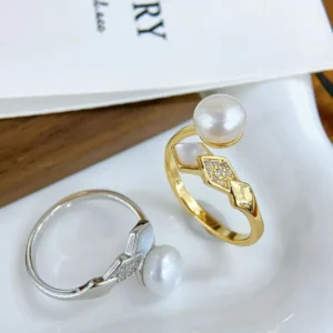 AAA Quality 7-8mm white freshwater pearl ring, 925 Silver/18K Gold