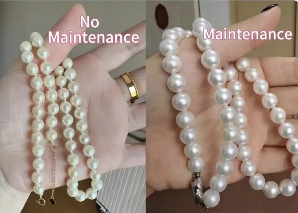 B2B guide: A direct contrast between a mirror luster maintained pearl and a dulled, neglected pearl showing nacre degradation.