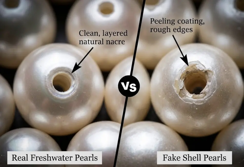 The Professional's Guide to Identifying Real Freshwater Pearls: Beyond the Tooth Test 2 Macro comparison of freshwater pearls vs shell pearls: real pearl drill hole (left) vs peeling coating on fake pearl (right).