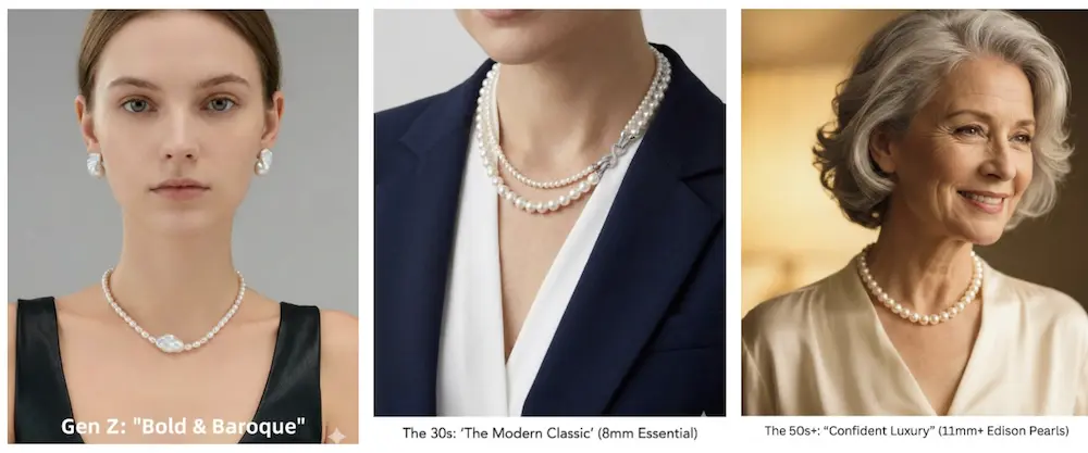Pearl Size by Age: Why the "Old Rules" Are Costing You Sales (A Retailer's Guide) 1 Comparison of pearl necklace sizes worn by different age groups, breaking traditional rules.